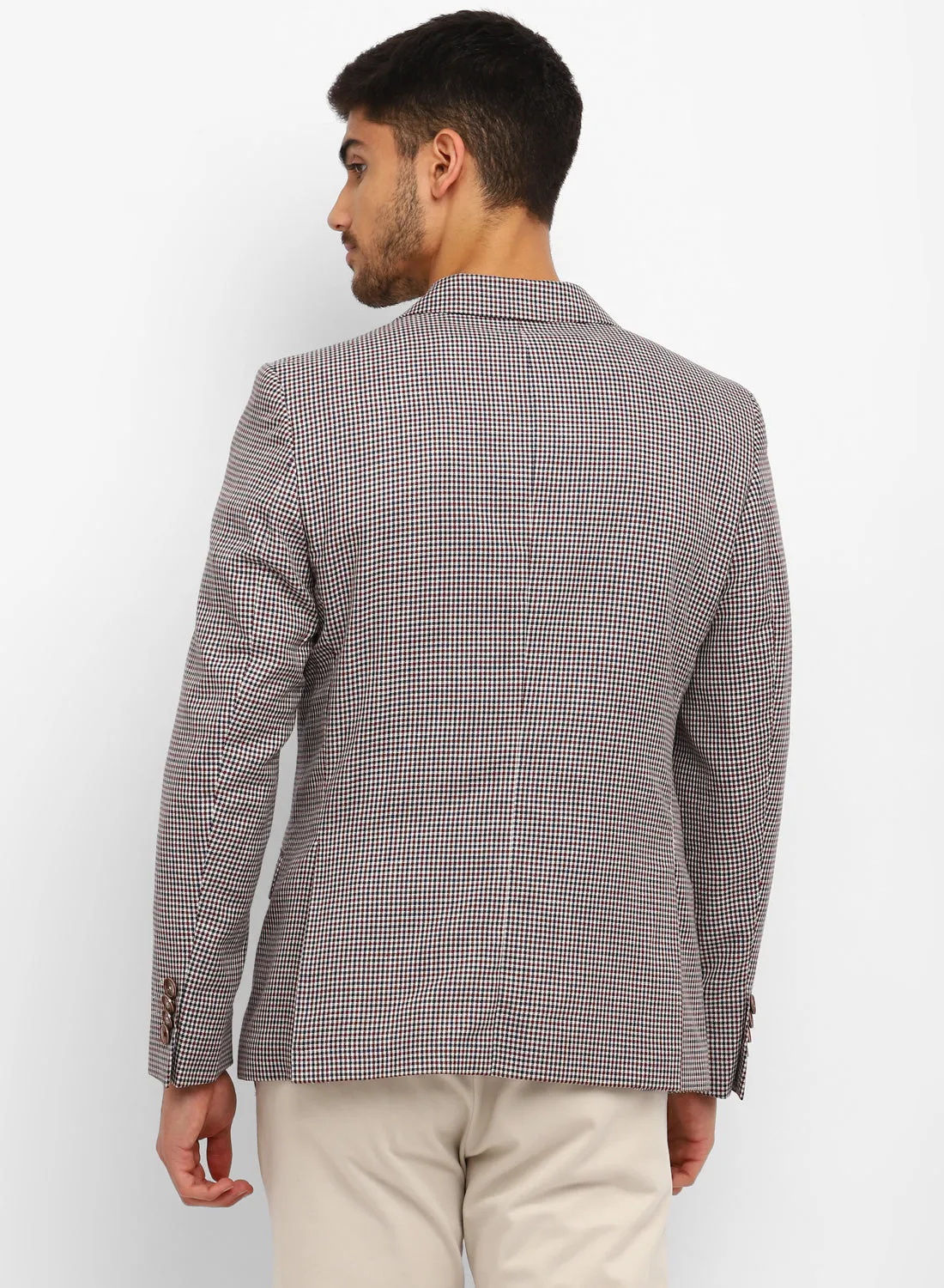 Beige Linen Check Notch Collar Jacket