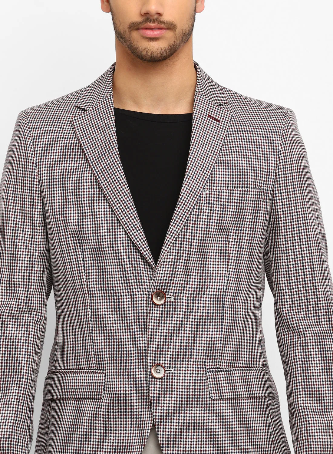 Beige Linen Check Notch Collar Jacket