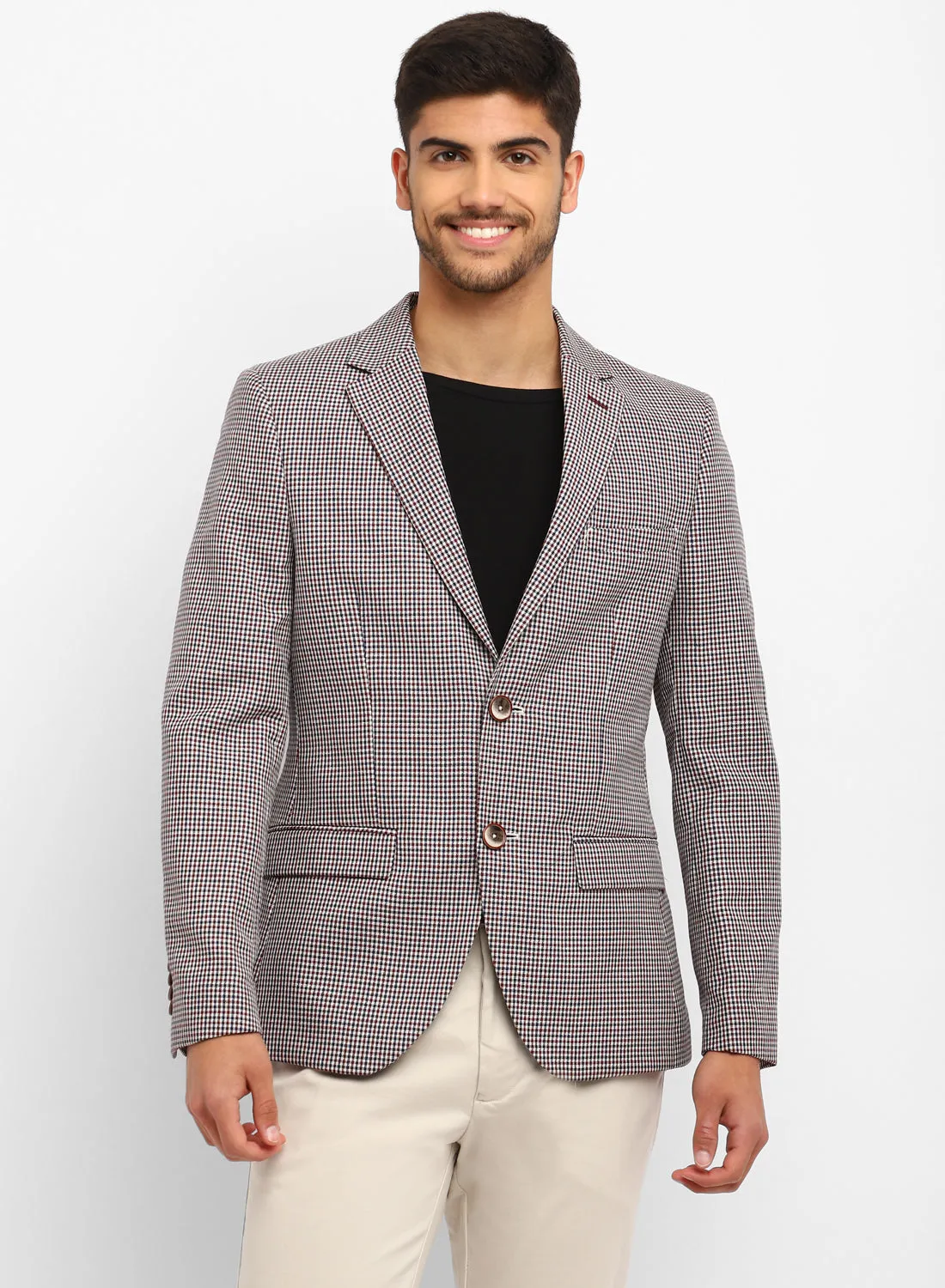 Beige Linen Check Notch Collar Jacket