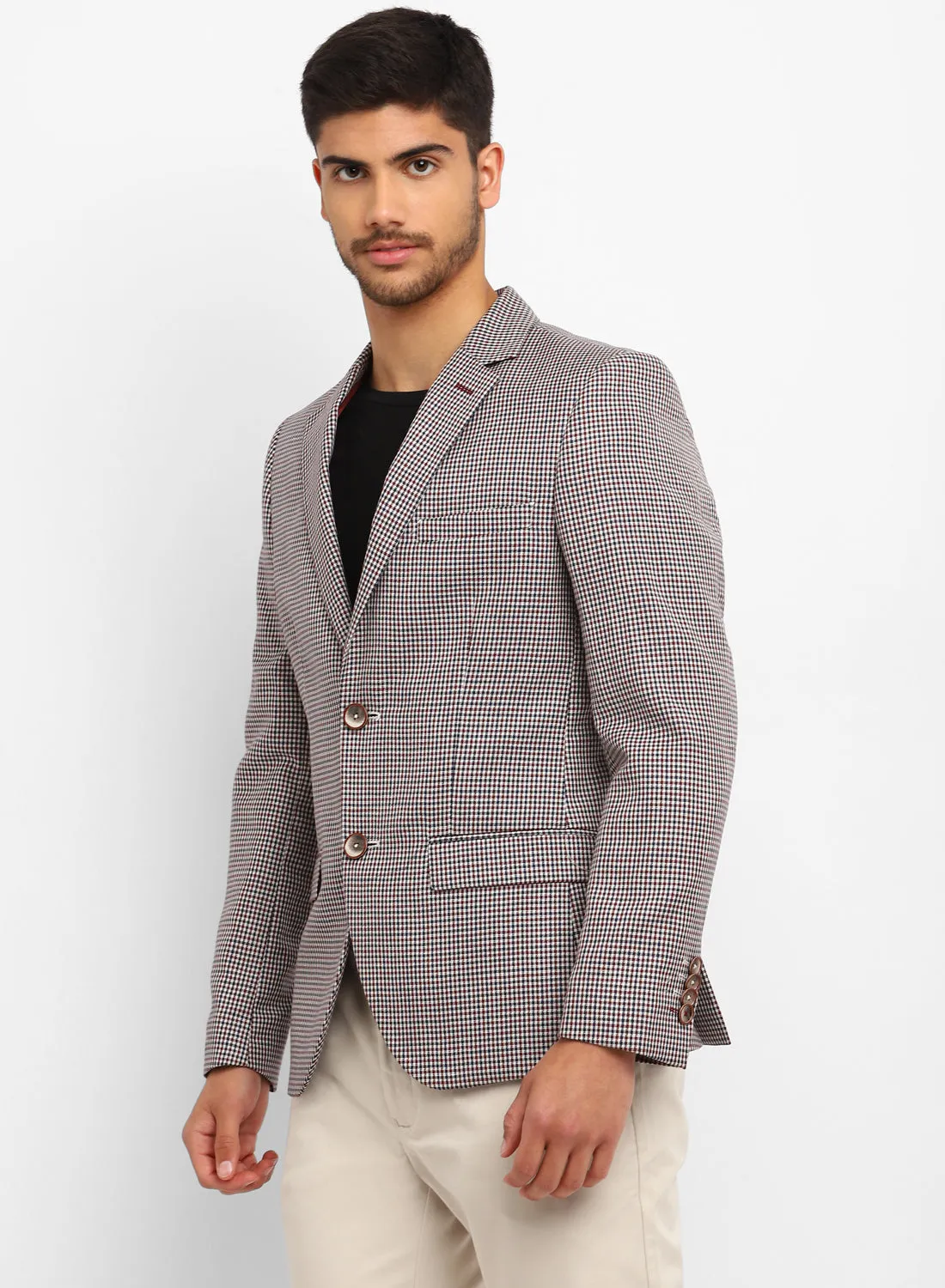 Beige Linen Check Notch Collar Jacket