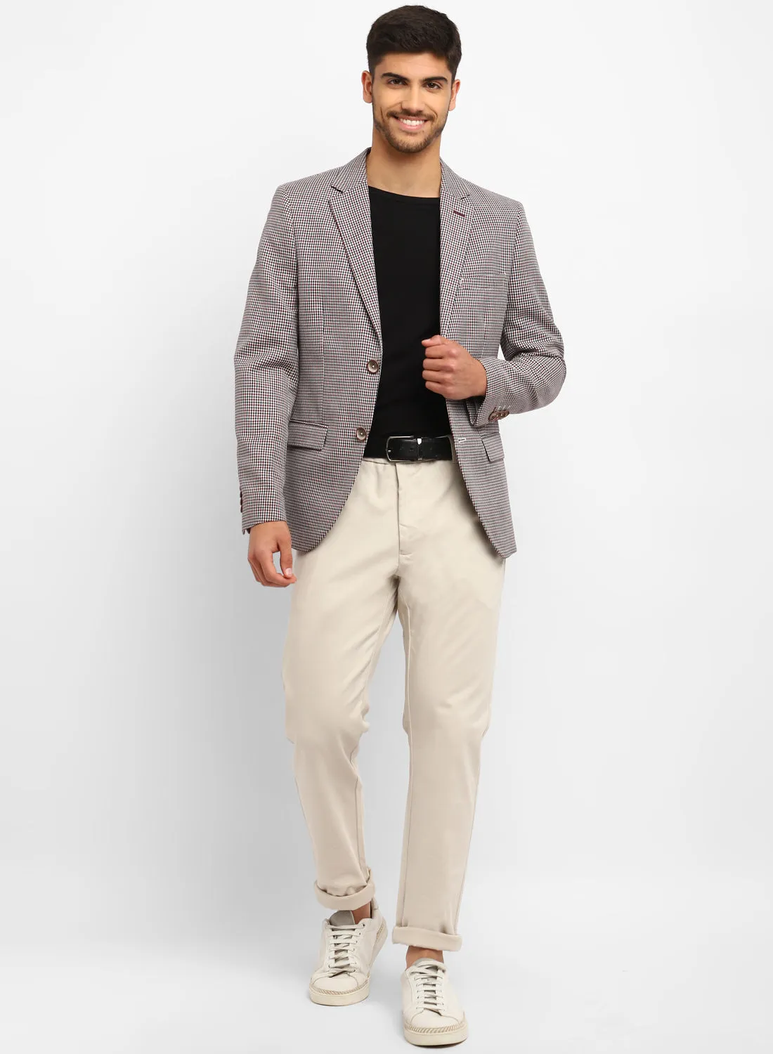 Beige Linen Check Notch Collar Jacket