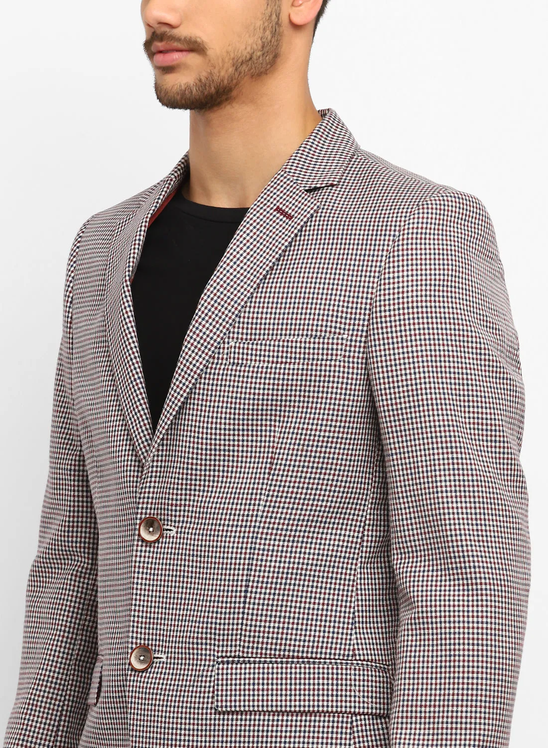 Beige Linen Check Notch Collar Jacket