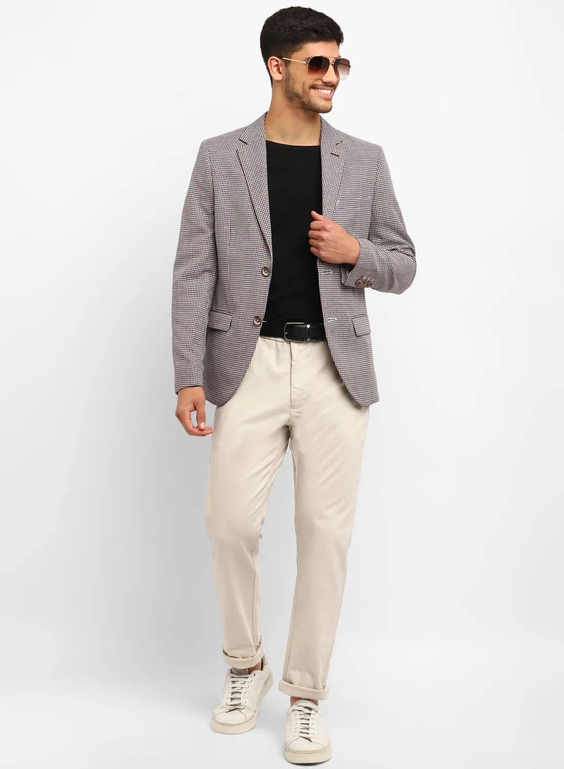 Beige Linen Check Notch Collar Jacket