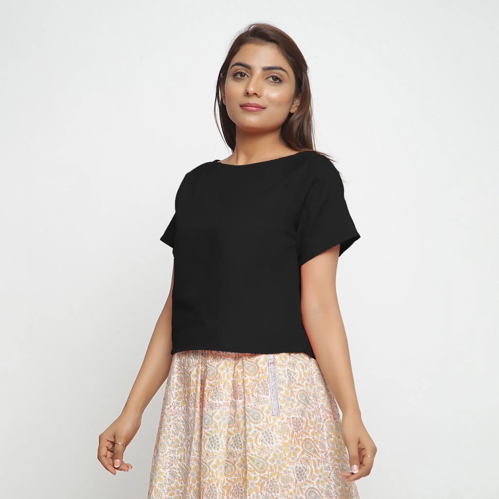 Black Boat Neck Half Sleeve 100% Cotton Top