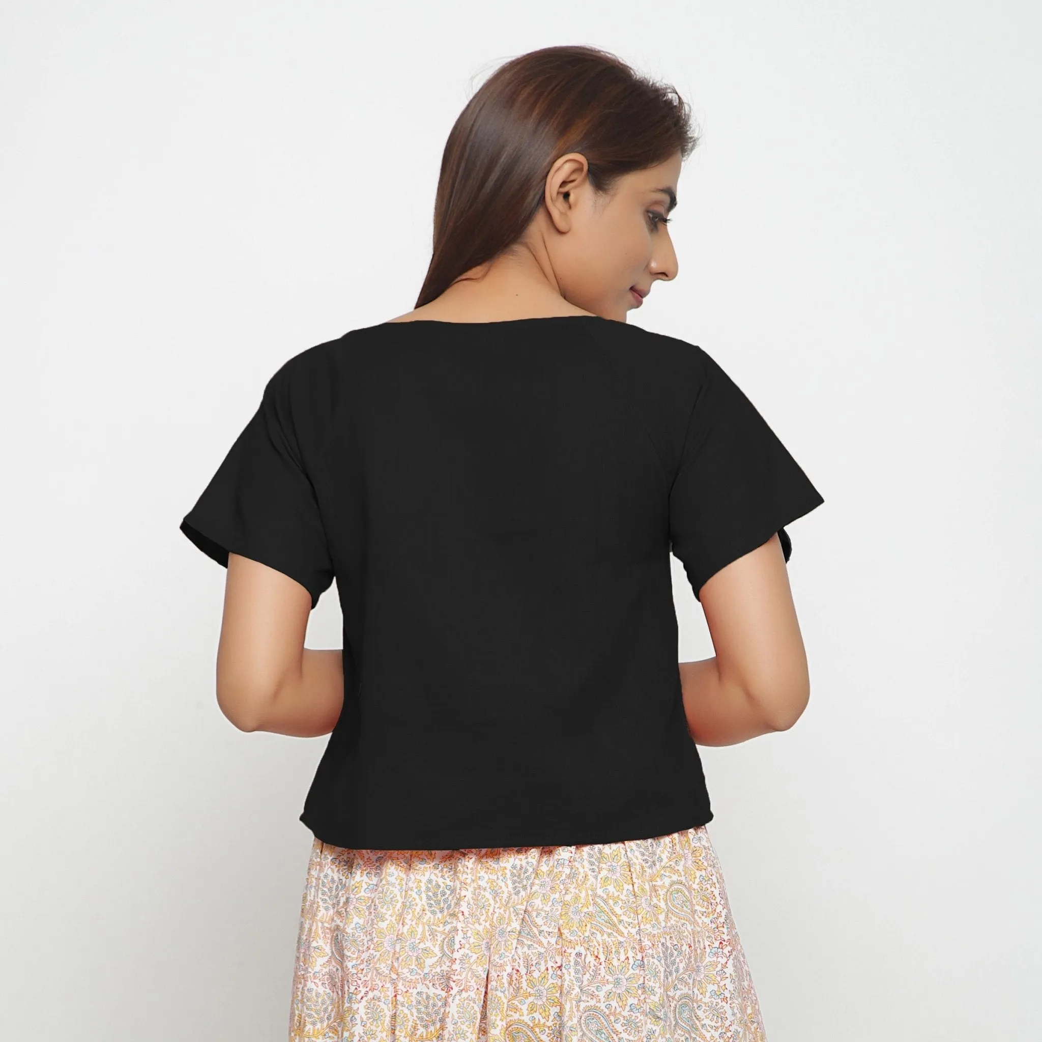Black Boat Neck Half Sleeve 100% Cotton Top