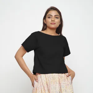 Black Boat Neck Half Sleeve 100% Cotton Top