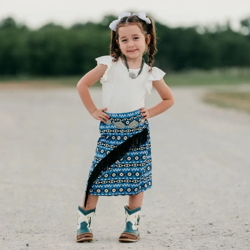 Blue Aztec Long 3/4 Fringe Skirt Kid (6-7)
