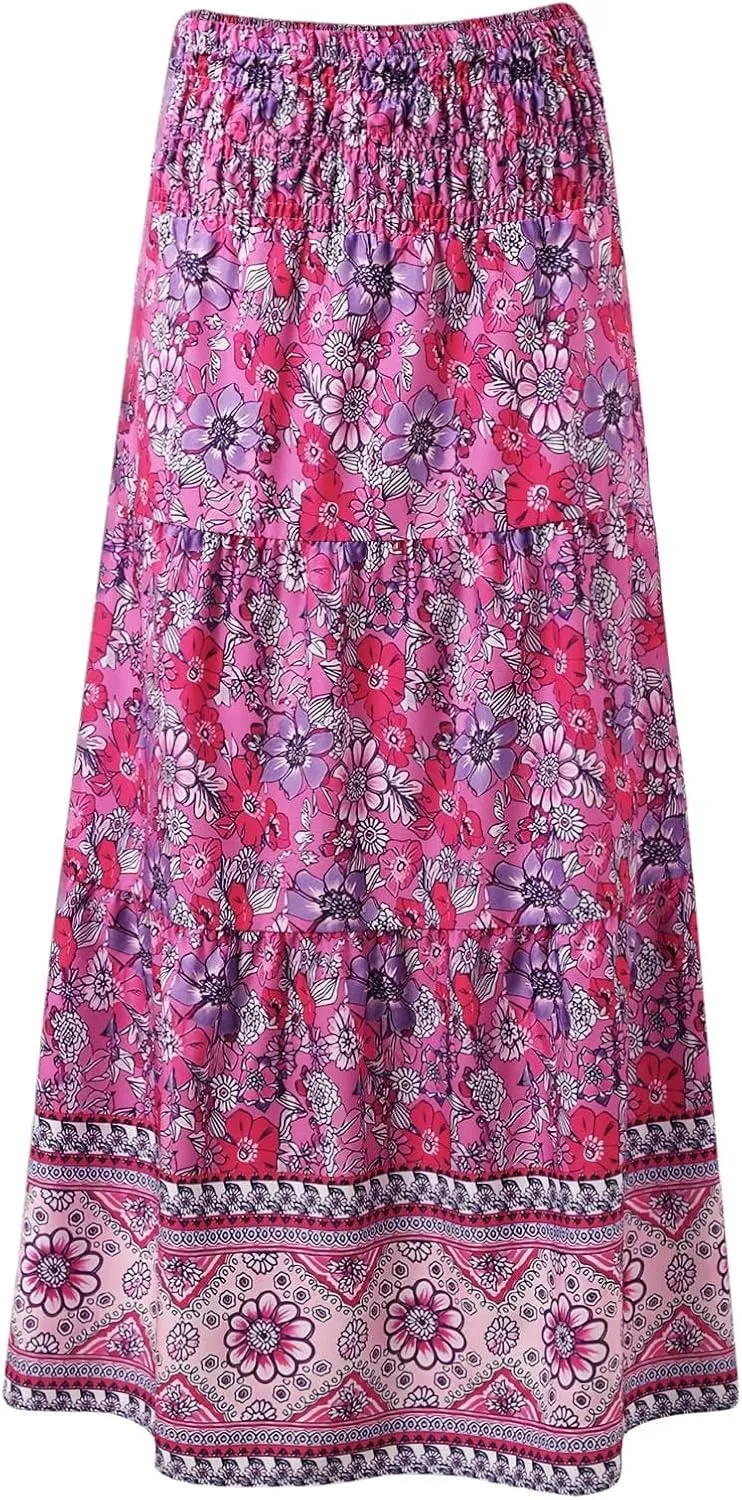 Boho Floral Maxi Skirts for Women Summer High Waist Elastic Flowy Smocked Long Skirt Ruffle Beach Vacation Skirt