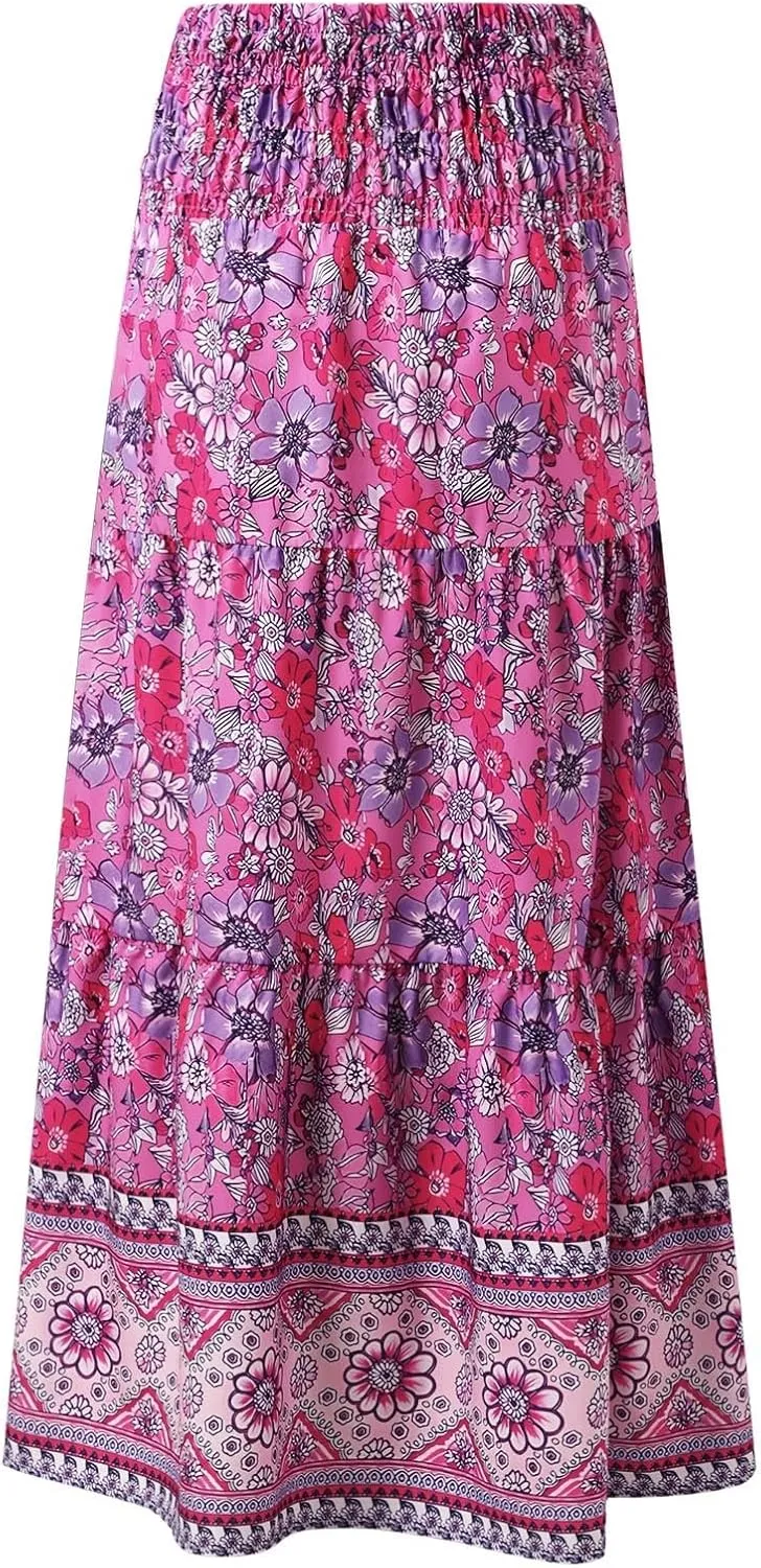 Boho Floral Maxi Skirts for Women Summer High Waist Elastic Flowy Smocked Long Skirt Ruffle Beach Vacation Skirt