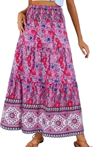 Boho Floral Maxi Skirts for Women Summer High Waist Elastic Flowy Smocked Long Skirt Ruffle Beach Vacation Skirt