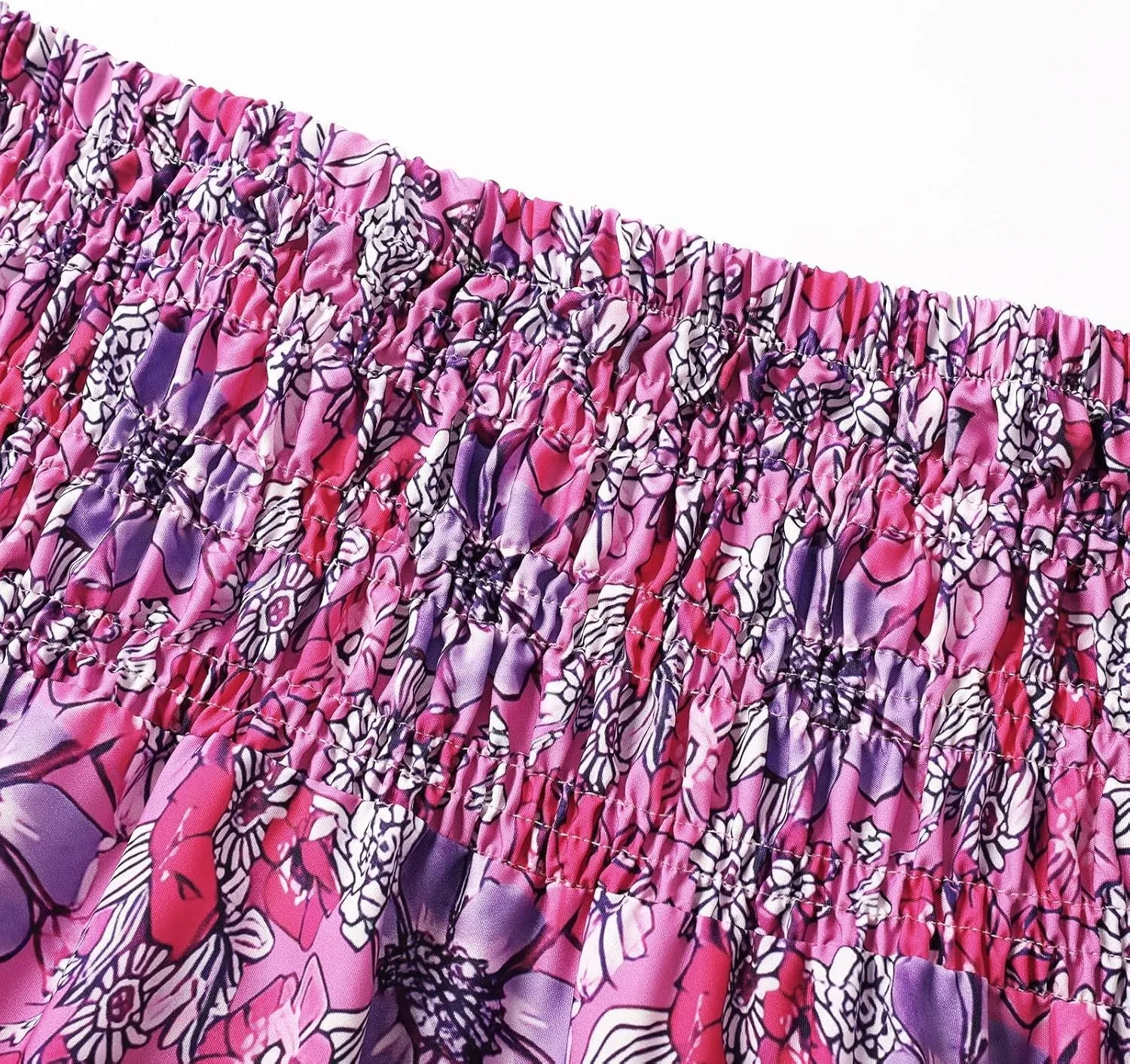 Boho Floral Maxi Skirts for Women Summer High Waist Elastic Flowy Smocked Long Skirt Ruffle Beach Vacation Skirt