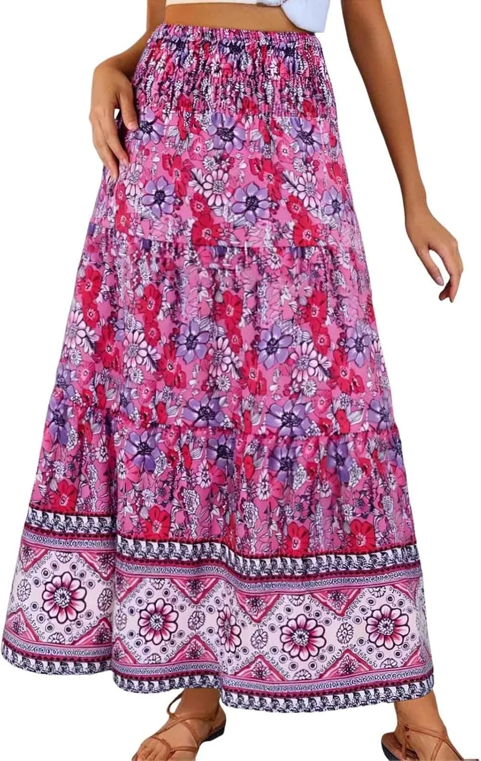 Boho Floral Maxi Skirts for Women Summer High Waist Elastic Flowy Smocked Long Skirt Ruffle Beach Vacation Skirt