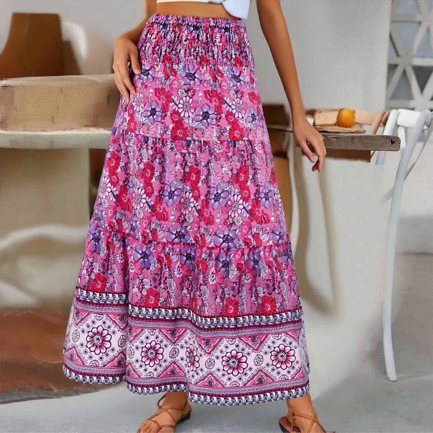 Boho Floral Maxi Skirts for Women Summer High Waist Elastic Flowy Smocked Long Skirt Ruffle Beach Vacation Skirt