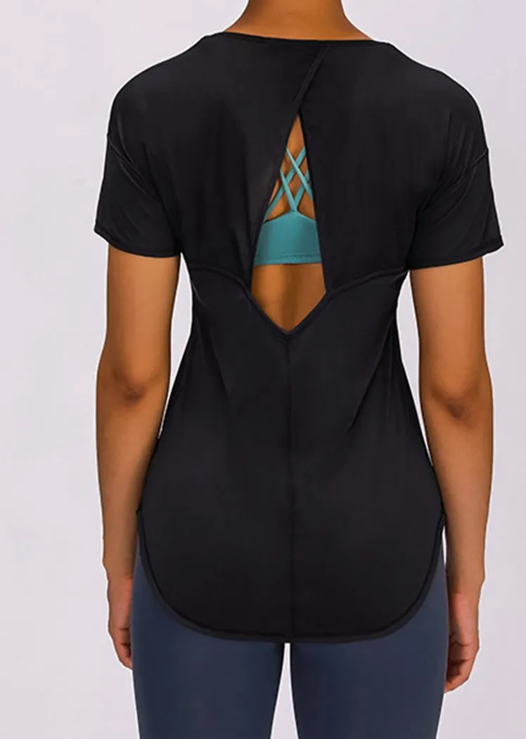 Breathable Cutout Back Short Sleeve Round Neck Yoga Tops