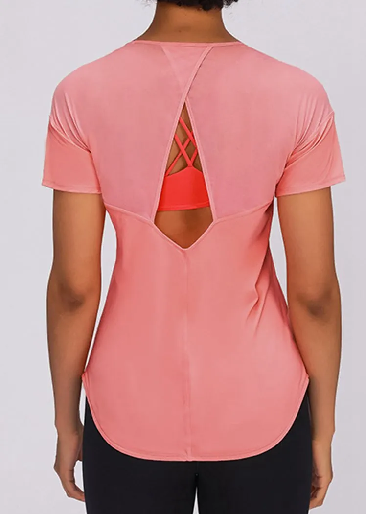 Breathable Cutout Back Short Sleeve Round Neck Yoga Tops