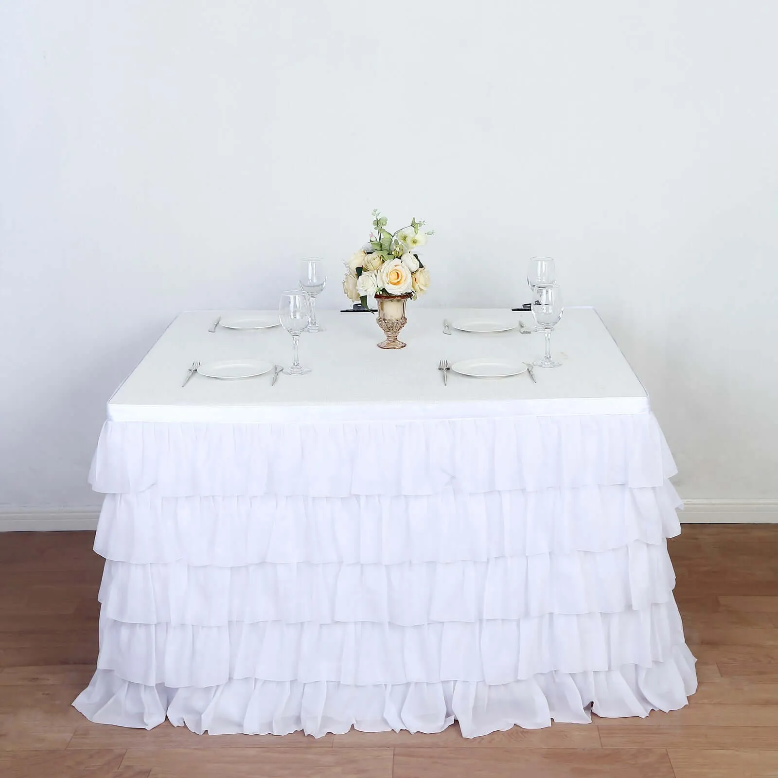 Chiffon Table Skirt 14ft White Ruffled Tutu - Stylish 5-Tier Ombre Table Cover with Satin Backing for Whimsical Birthdays, Baby Showers & Parties
