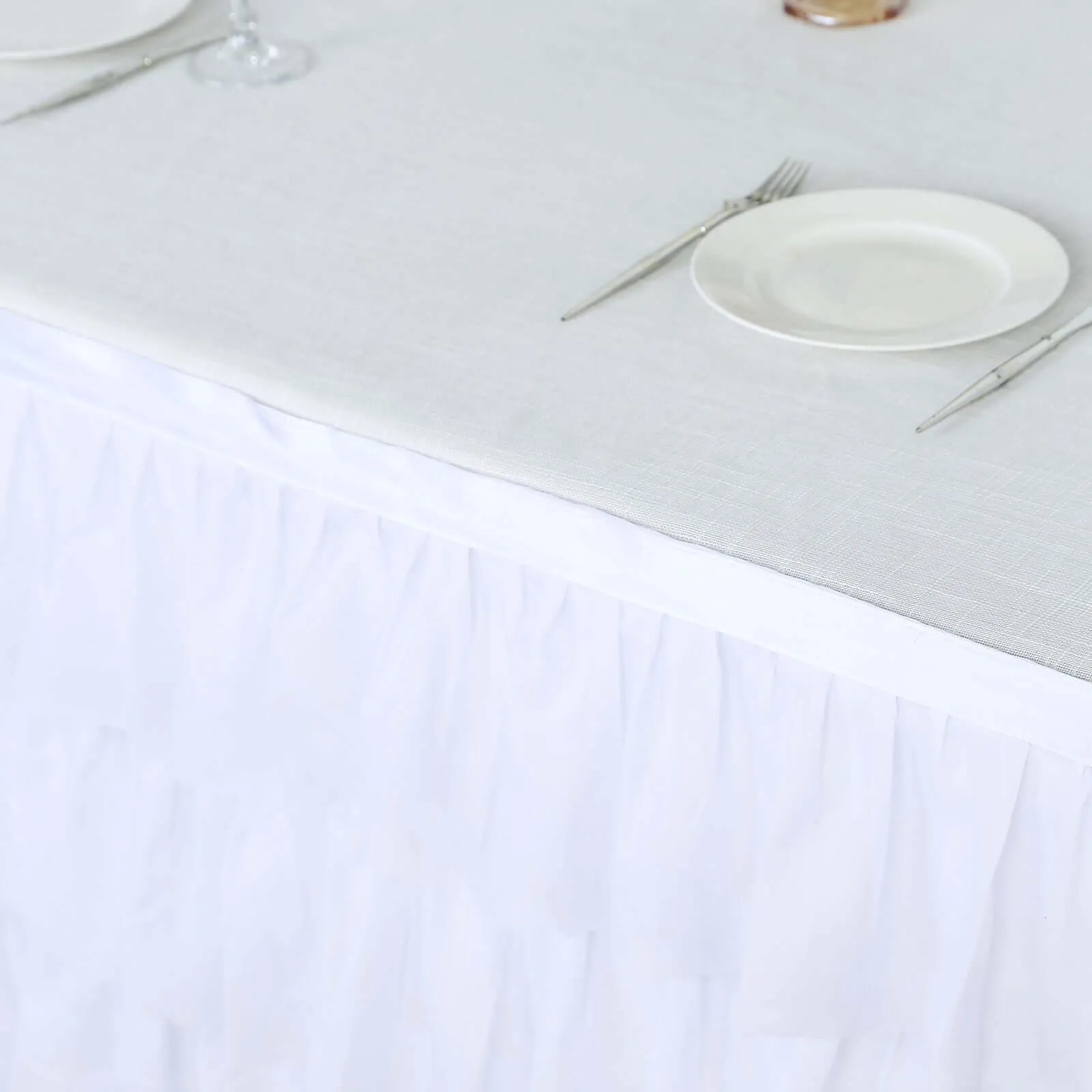 Chiffon Table Skirt 14ft White Ruffled Tutu - Stylish 5-Tier Ombre Table Cover with Satin Backing for Whimsical Birthdays, Baby Showers & Parties