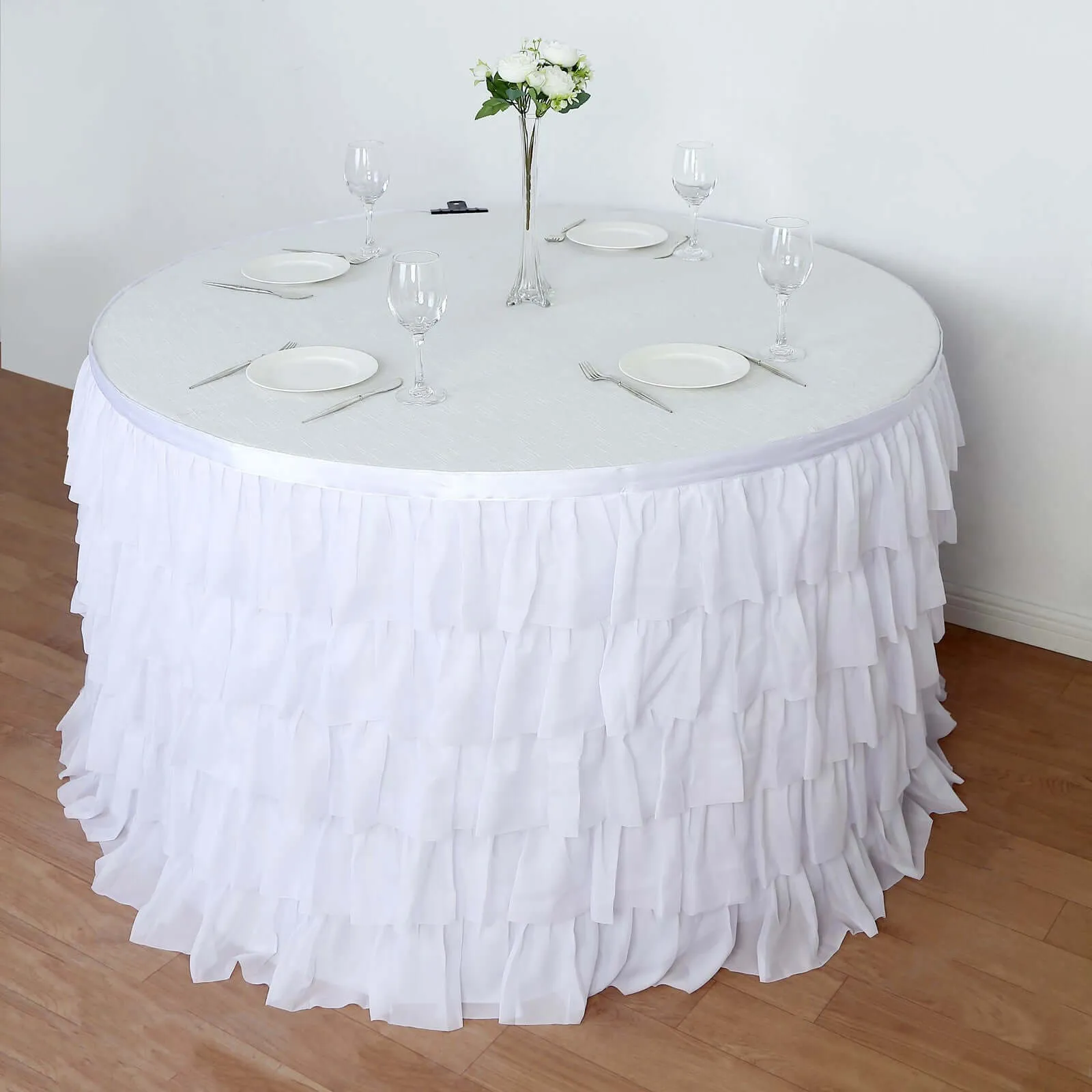 Chiffon Table Skirt 14ft White Ruffled Tutu - Stylish 5-Tier Ombre Table Cover with Satin Backing for Whimsical Birthdays, Baby Showers & Parties