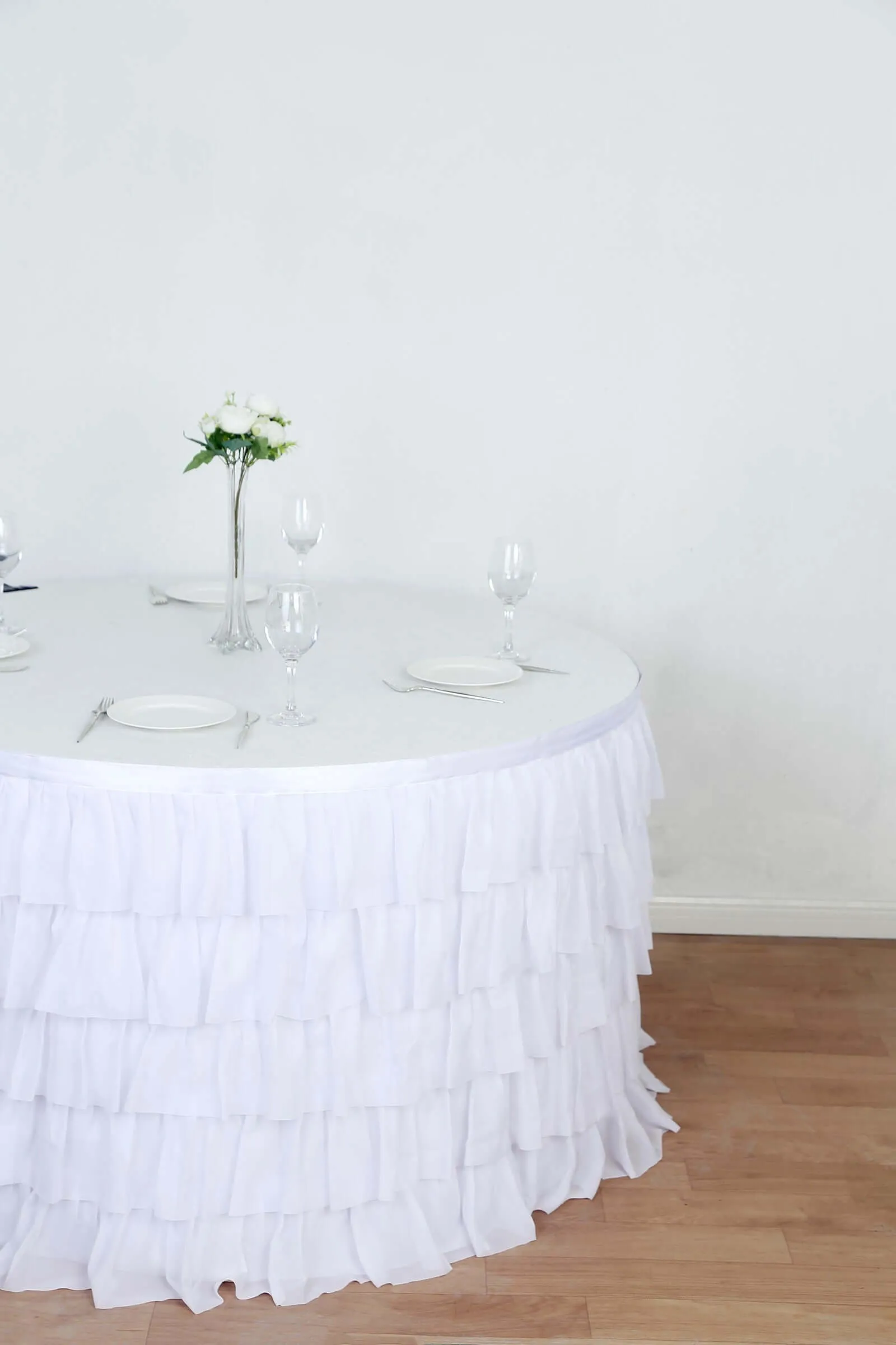 Chiffon Table Skirt 14ft White Ruffled Tutu - Stylish 5-Tier Ombre Table Cover with Satin Backing for Whimsical Birthdays, Baby Showers & Parties