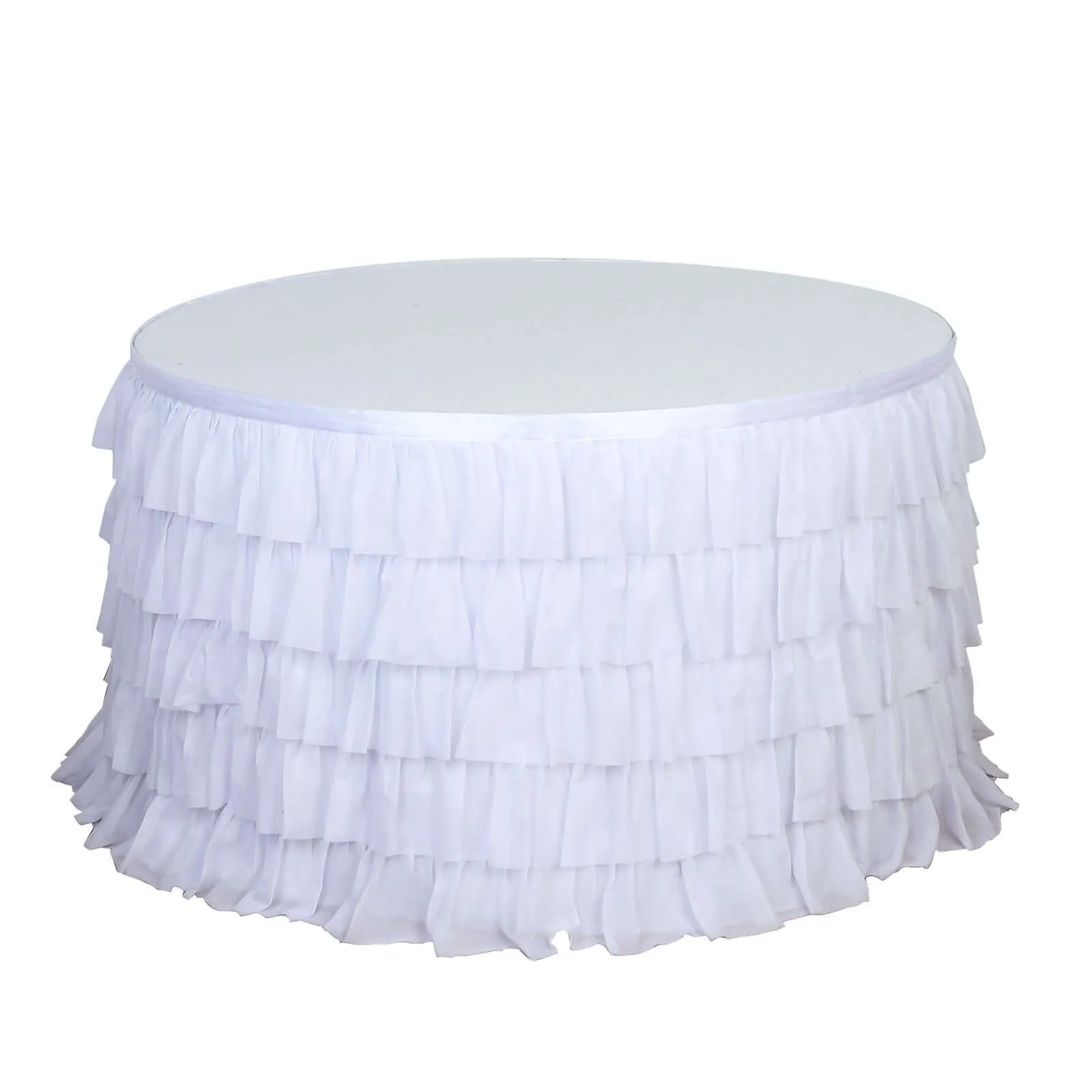 Chiffon Table Skirt 14ft White Ruffled Tutu - Stylish 5-Tier Ombre Table Cover with Satin Backing for Whimsical Birthdays, Baby Showers & Parties