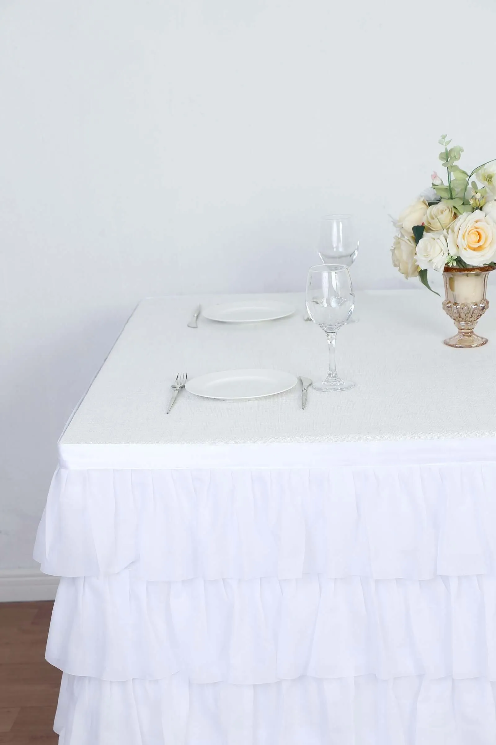 Chiffon Table Skirt 14ft White Ruffled Tutu - Stylish 5-Tier Ombre Table Cover with Satin Backing for Whimsical Birthdays, Baby Showers & Parties