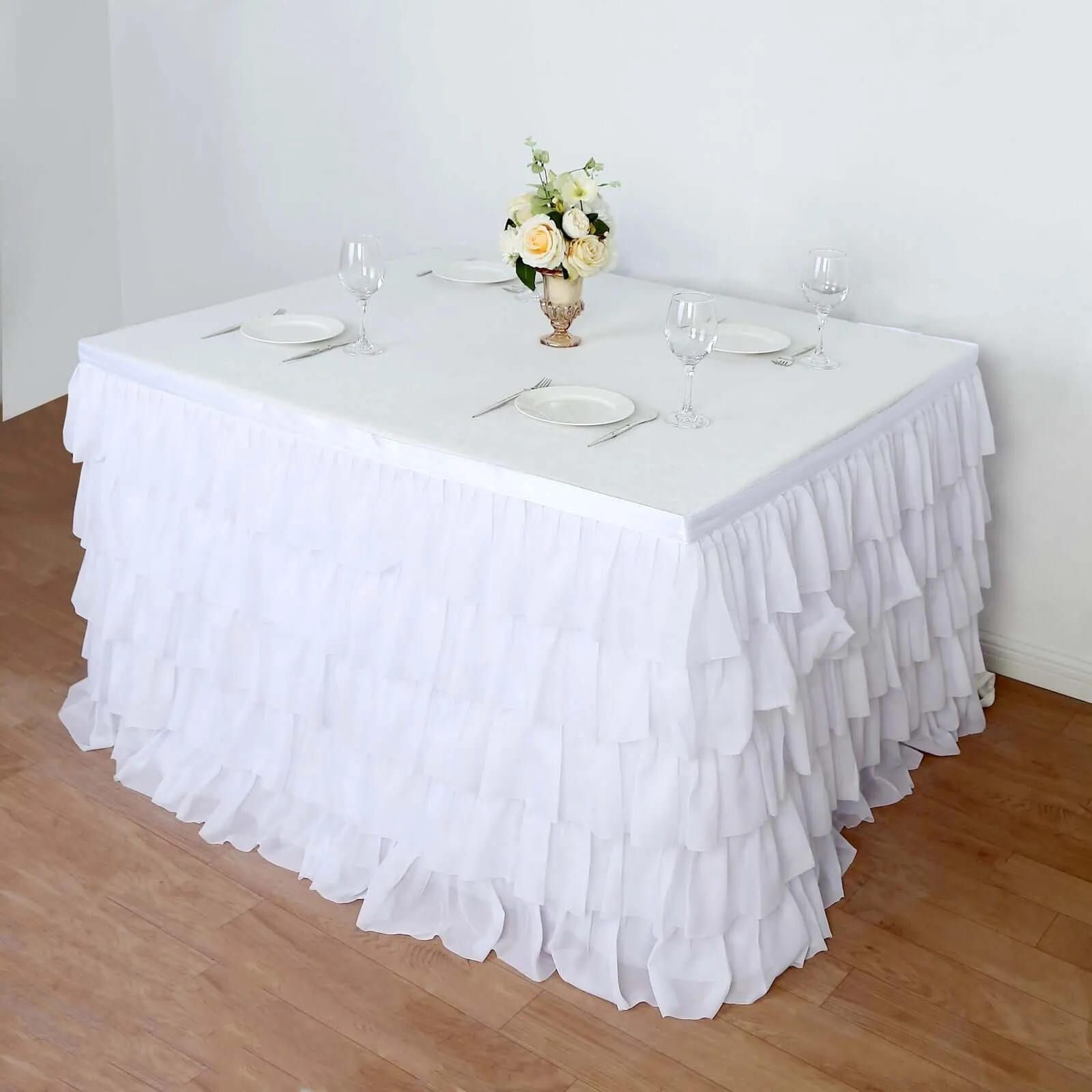 Chiffon Table Skirt 14ft White Ruffled Tutu - Stylish 5-Tier Ombre Table Cover with Satin Backing for Whimsical Birthdays, Baby Showers & Parties