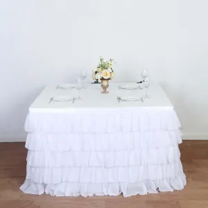 Chiffon Table Skirt 14ft White Ruffled Tutu - Stylish 5-Tier Ombre Table Cover with Satin Backing for Whimsical Birthdays, Baby Showers & Parties