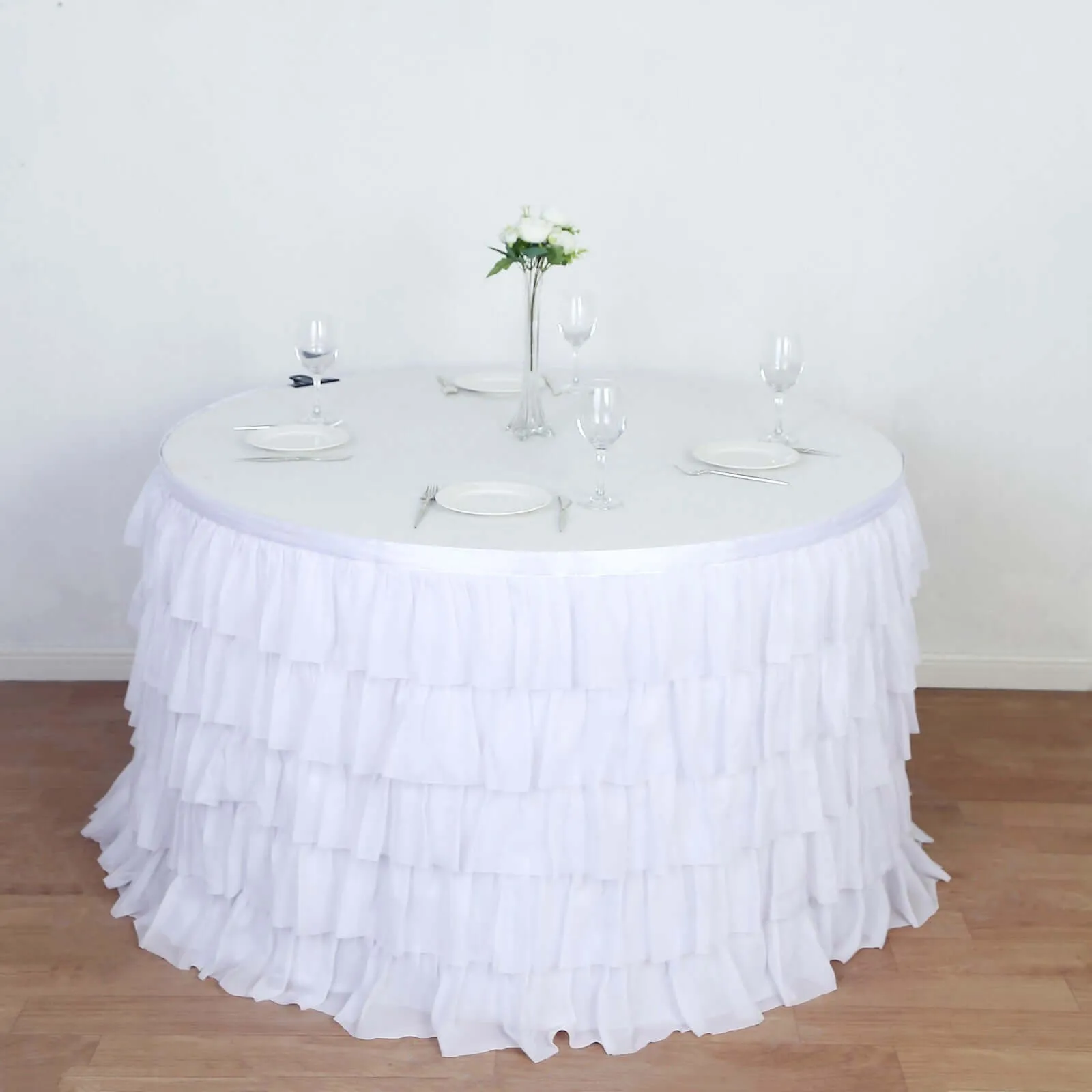 Chiffon Table Skirt 14ft White Ruffled Tutu - Stylish 5-Tier Ombre Table Cover with Satin Backing for Whimsical Birthdays, Baby Showers & Parties