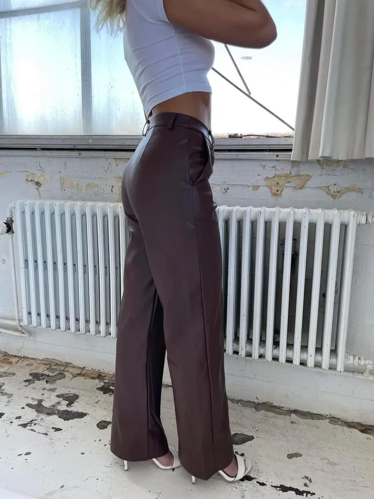Classic wide pants leather look - Brown