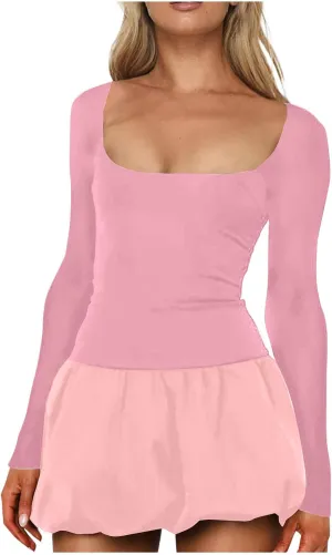 Dresses for Women 2025 Elegant Classy Scoop Neck Long Sleeve Mini Dress Sexy Sundress Loose Fit Flowy Dresses