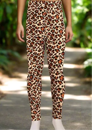 Girls Cheetah Leopard Leggings, Kids Yoga Pants, Sizes S/L, No-Roll Waist, Brown