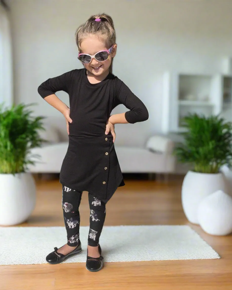 Girls Multi-Breed Dog Leggings, Kids Yoga Pants,  Sizes S/L, No-Roll Waist, Black/White