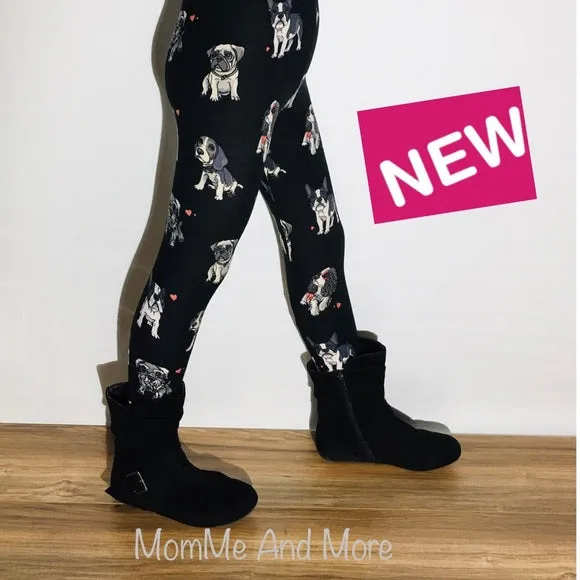 Girls Multi-Breed Dog Leggings, Kids Yoga Pants,  Sizes S/L, No-Roll Waist, Black/White