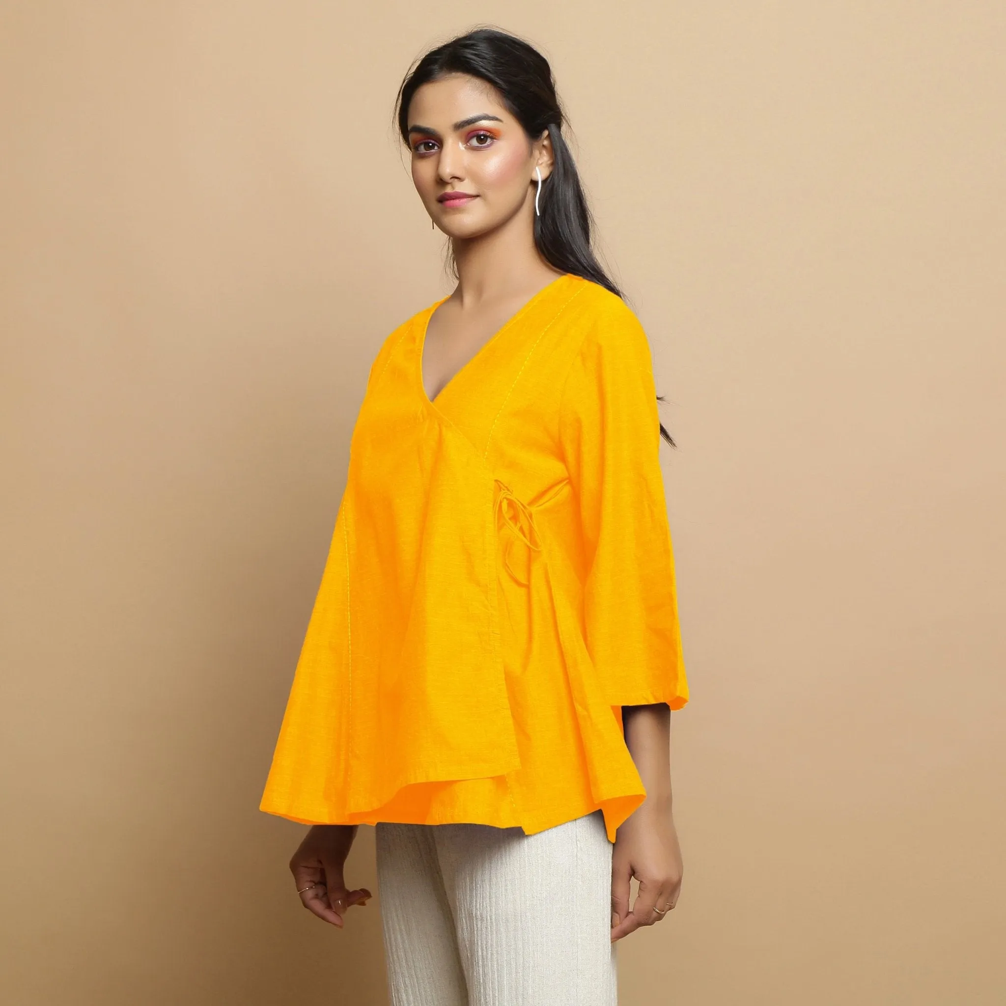 Golden Yellow Embroidered Cotton Poplin Asymmetrical Godet Top