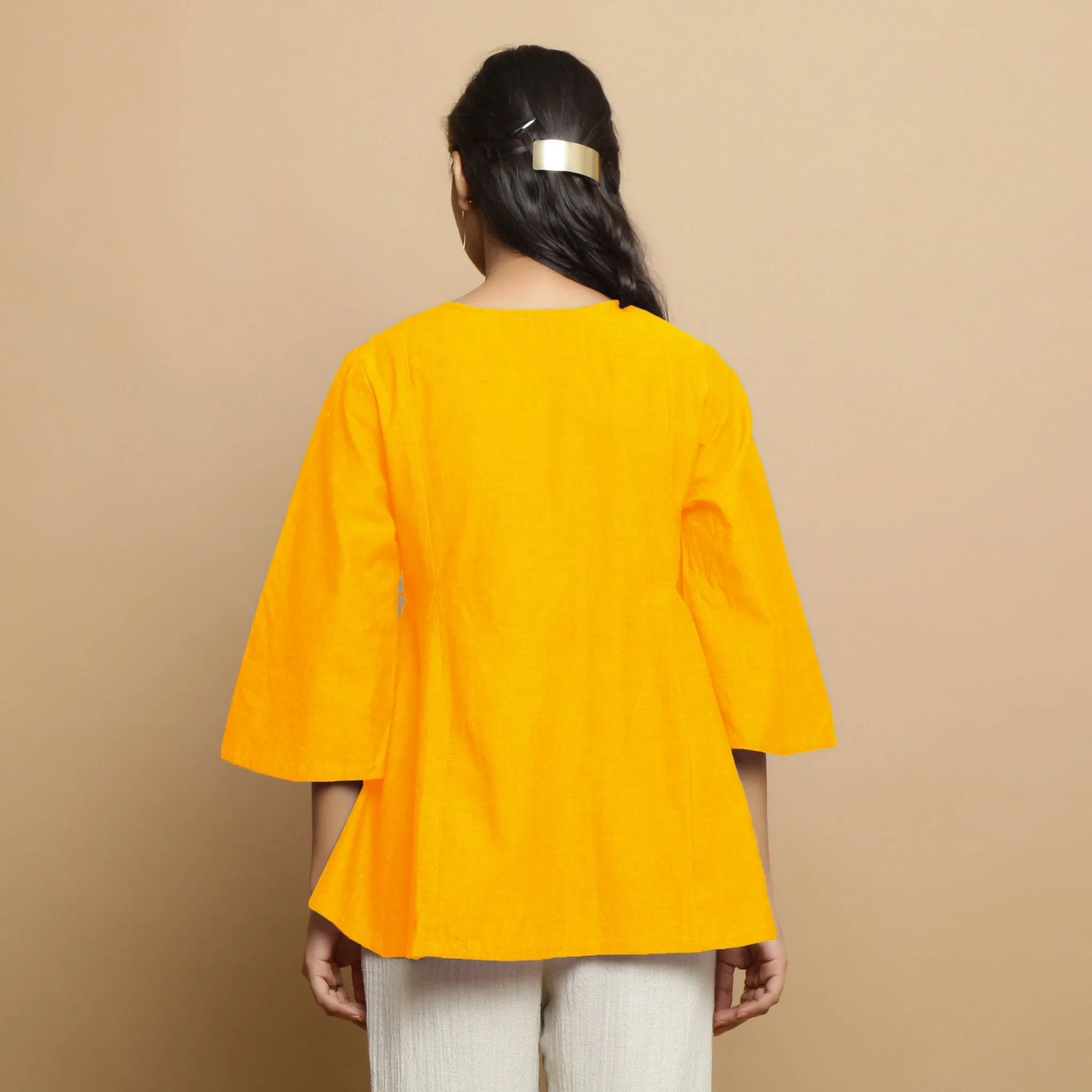 Golden Yellow Embroidered Cotton Poplin Asymmetrical Godet Top