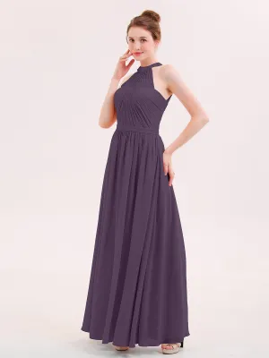 Halter Chiffon Long Bridesmaid Gown with Belt Plum Plus Size