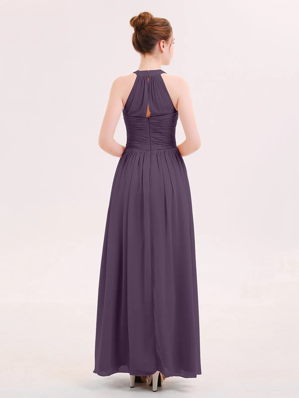 Halter Chiffon Long Bridesmaid Gown with Belt Plum Plus Size