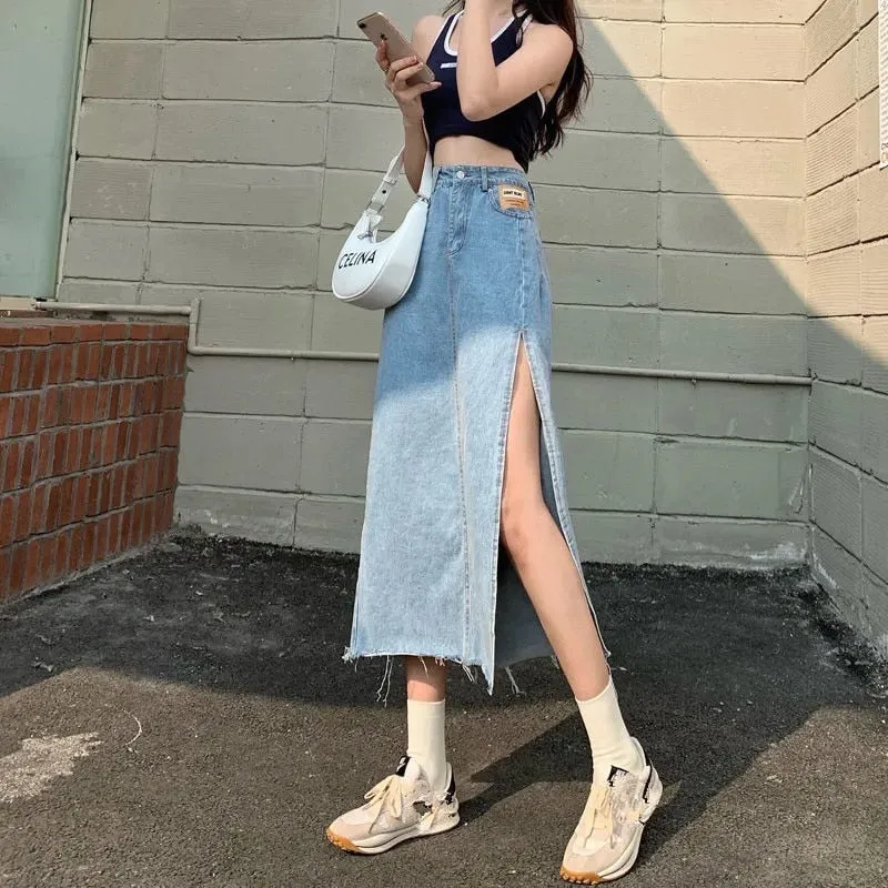 Hem Single Slits Zipper A-Line Denim Skirt