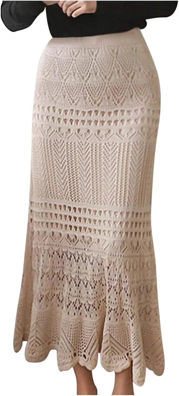 HGps8w Womens Elegant Knee Length Pencil Skirt Stretch High Waist Crochet Hollow Out Knit Vintage Mermaid Maxi Skirt