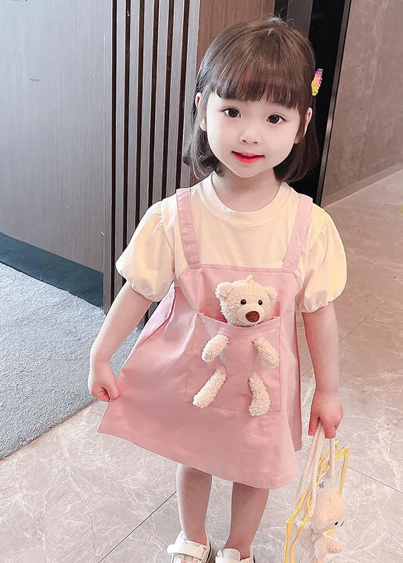 Lovely Pink O Neck Patchwork Cotton Kids Girls Dresses Summer LY5480