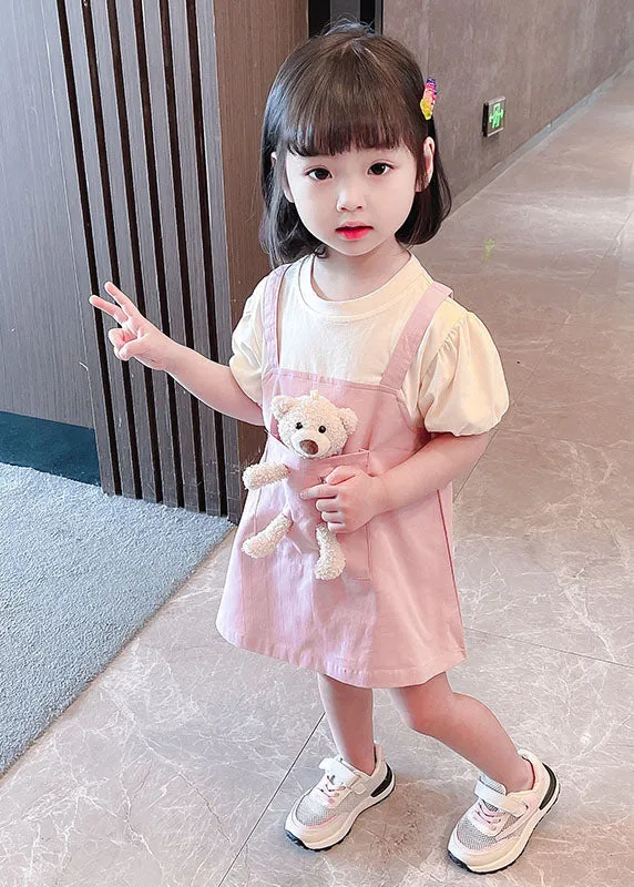 Lovely Pink O Neck Patchwork Cotton Kids Girls Dresses Summer LY5480