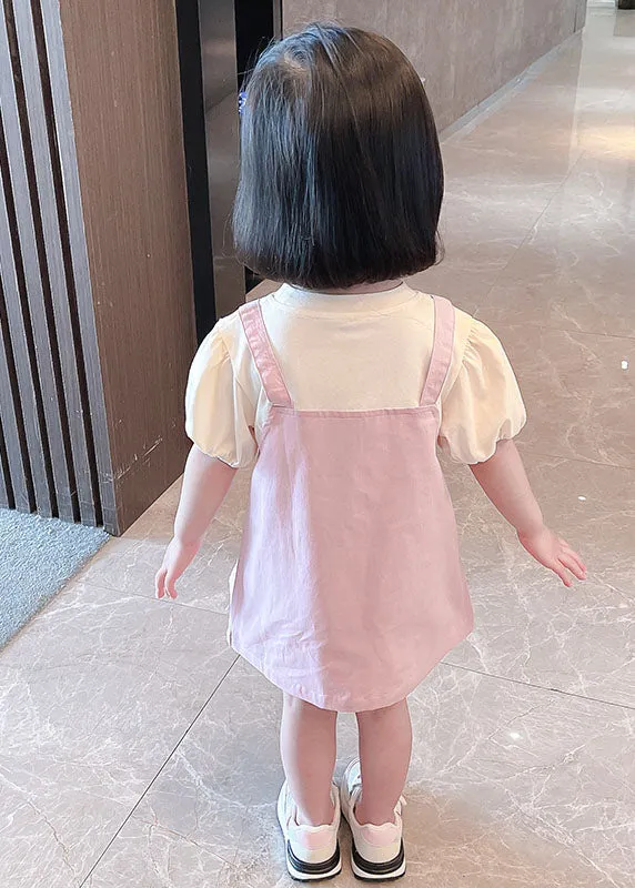 Lovely Pink O Neck Patchwork Cotton Kids Girls Dresses Summer LY5480