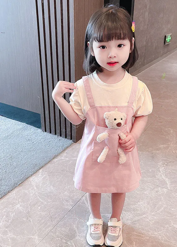 Lovely Pink O Neck Patchwork Cotton Kids Girls Dresses Summer LY5480