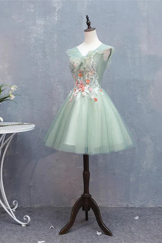 Lovely Tulle V-Neck Flower Lace Party Dress Homecoming Dress Formal Dresses