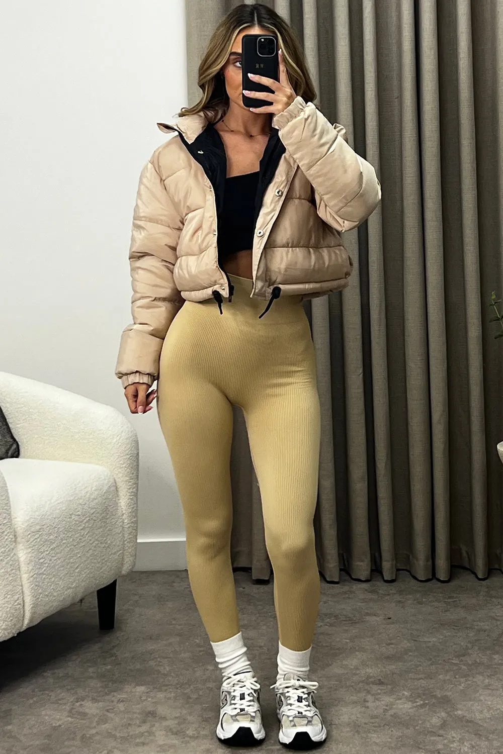 Megs Beige Ribbed High Waisted Gym Leggings