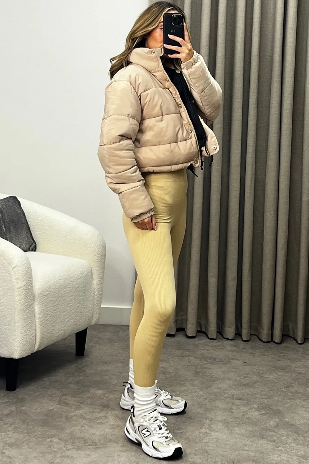 Megs Beige Ribbed High Waisted Gym Leggings