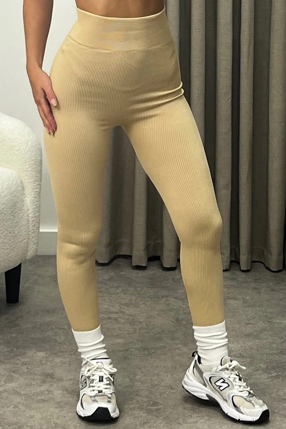 Megs Beige Ribbed High Waisted Gym Leggings