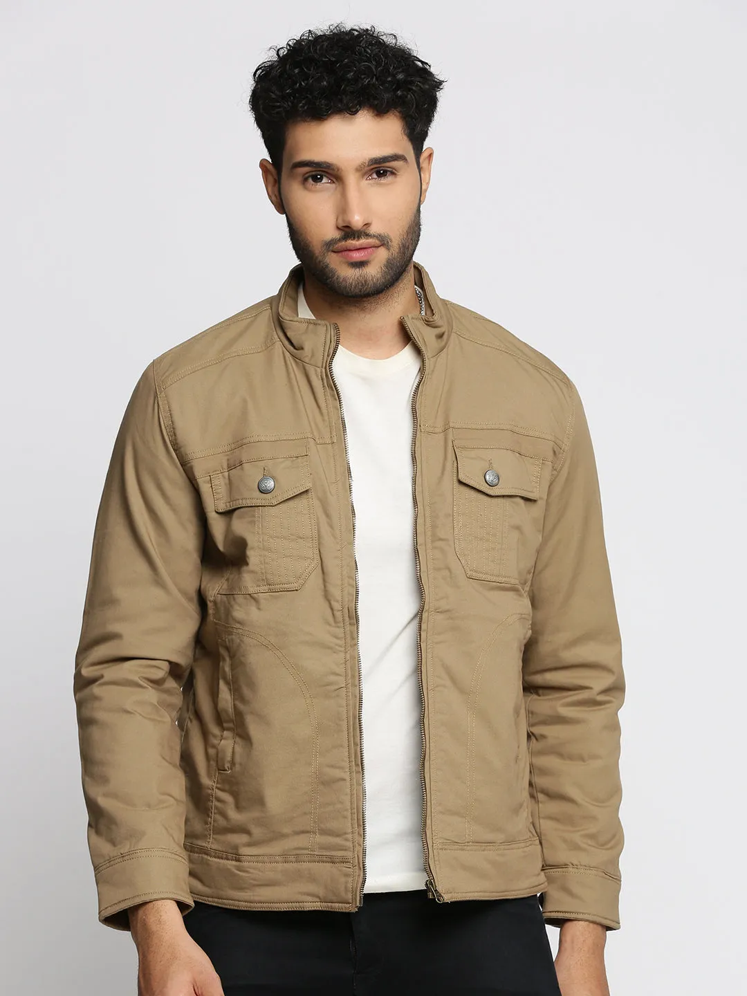 Men Khaki Mock Collar Cotton Tailored Jacket