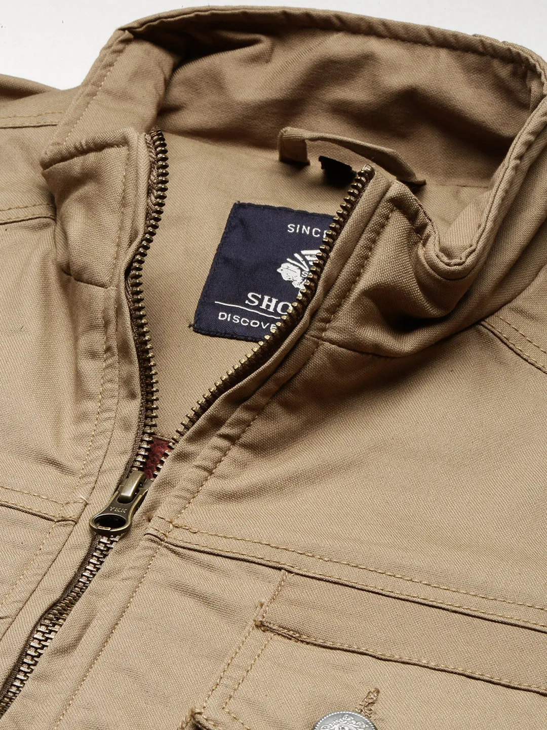 Men Khaki Mock Collar Cotton Tailored Jacket