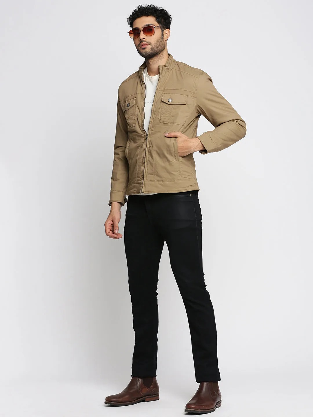 Men Khaki Mock Collar Cotton Tailored Jacket